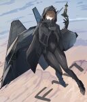  1girl absurdres black_bodysuit black_coat black_shoes bodysuit bomb breasts brown_hair closed_mouth coat commentary_request covered_navel explosive expressionless f-117_nighthawk flying green_eyes highres hood hood_up hooded_coat large_breasts long_sleeves looking_at_viewer mecha_musume medium_hair military_vehicle natsukaze_shigure original outdoors personification shoes thighs vehicle_and_personification war_thunder 