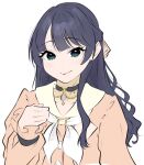  1girl black_choker bloom_the_smile_bloom_the_dream! blue_eyes blush choker closed_mouth collarbone commentary frilled_sleeves frills hand_up highres jacket llkapital long_sleeves looking_at_viewer love_live! love_live!_hasu_no_sora_jogakuin_school_idol_club mole mole_on_neck murano_sayaka neckerchief open_clothes open_jacket simple_background smile solo upper_body virtual_youtuber white_background white_neckerchief 