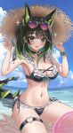  1girl absurdres alternate_costume animal_ears arknights bikini black_bikini black_hair blush breasts cleavage colored_inner_hair colored_tips commentary extra_ears eyewear_on_head fang film_grain frilled_bikini frills green_eyes green_hair green_scrunchie hat heart heart-shaped_eyewear highres ko-no looking_at_viewer medium_breasts medium_hair mon3tr_(arknights) multicolored_hair ocean open_mouth pink-tinted_eyewear revision scrunchie skin_fang solo straw_hat sunglasses swimsuit tail thigh_strap tinted_eyewear two-tone_hair wrist_scrunchie 