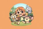  1girl castform castform_(normal) chibi chibi_only chunafishy commentary crossover dress english_commentary food fruit full_body highres holding holding_food holding_fruit mandarin_orange meowth nami_(one_piece) one_piece open_mouth orange_hair pokemon pokemon_(creature) sandals short_hair skitty walking white_dress 