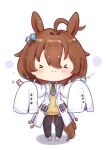 >_< 1girl agnes_tachyon_(tach-nology)_(umamusume) agnes_tachyon_(umamusume) ahoge animal_ears black_necktie black_pantyhose blush brown_hair closed_mouth coat commentary cork earrings english_commentary hair_between_eyes highres holding holding_test_tube horse_ears horse_girl horse_tail jewelry lab_coat long_sleeves motion_lines necktie pantyhose shirt shoes short_necktie single_earring sleeves_past_fingers sleeves_past_wrists smile solo sweater sweater_vest tail test_tube ukichan22905846 umamusume white_coat wolf_cut yellow_sweater yellow_sweater_vest 
