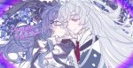  1girl 2girls alin0331 arcaea black_bow black_eyes black_hair blue_eyes bow bow_flower collared_shirt commentary_request cross-laced_clothes cross-laced_dress dress earrings flower hair_between_eyes hair_bow hair_ribbon highres insight_(arcaea) jewelry long_hair maya_(arcaea) multiple_girls necktie purple_eyes red_necktie ribbon shirt single_shoulder_pad white_background white_dress white_hair white_shirt yuri 