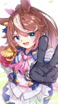  1girl absurdres animal_ears ascot asymmetrical_gloves black_gloves blue_eyes blush brown_hair buttons cape commentary_request double-breasted epaulettes gloves hair_between_eyes highres horse_ears horse_girl horse_tail jacket long_hair long_sleeves looking_at_viewer mismatched_gloves multicolored_hair multicolored_jacket open_mouth pink_ascot ponytail red_cape single_epaulette single_hair_streak skirt smile solo streaked_hair tail tokai_teio_(peak_joy)_(umamusume) tokai_teio_(umamusume) two-tone_hair two-tone_jacket two-tone_skirt u_da_desu umamusume v white_hair white_jacket white_skirt white_streaks 
