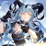 1girl arknights bang_dream! bang_dream!_it's_mygo!!!!! black_dress black_gloves black_horns black_ribbon blue_background blue_hair chinese_commentary commentary_request curled_horns detached_collar dress gloves hair_ribbon hands_up highres holding horns long_hair looking_at_viewer parted_lips ribbon sidelocks single_glove solo togawa_sakiko togawa_sakiko_(master_of_melodia) two_side_up upper_body wrist_cuffs xiangchizhubijin yellow_eyes 