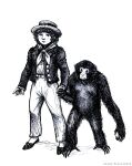 ape artist_name black_and_white black_body black_fur boater_hat bottomwear cassandra_the_gibbon clothed clothing english_description feral footwear freckles fully_clothed fur gibbon hand_holding haplorhine hat headgear headwear hi_res human jacket josiah_randall kerchief leona-florianova mammal master_and_commander:_the_far_side_of_the_world monochrome not_furry pants primate shoes simple_background standing story story_in_description text topwear victorian_clothing wearing_hat white_background