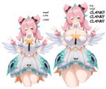  1girl absurdres aqua_hair aqua_streaks aria_(human)_(zenless_zone_zero) aria_(zenless_zone_zero) blue_eyes breasts bursting_breasts center_frills closed_mouth collarbone commentary crossed_bangs detached_collar double_v dress english_text fingerless_gloves frills gloves hair_between_eyes highres large_breasts leg_up licking_lips looking_at_viewer mee_don multicolored_hair multiple_views one_eye_closed pink_gloves pink_hair quad_tails simple_background smile streaked_hair tongue tongue_out v white_background white_dress white_wings wings zenless_zone_zero 