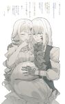  2girls alternate_language aver_(yumenokessho) bang_dream! bang_dream!_it's_mygo!!!!! braid commentary_request doloris_(bang_dream!) dress gloves greyscale hair_between_eyes hair_ornament hairclip highres implied_futanari long_hair medium_hair misumi_uika monochrome multiple_girls open_mouth pregnant protected_link rhapsode simple_background sweat three-quarter_sleeves togawa_sakiko translation_request white_background yumenokessho 