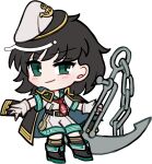  1girl anchor belt black_belt black_boots black_cape black_hair black_socks blush boots cape chain chibi chibi_only closed_mouth double_horizontal_stripe full_body green_eyes green_sailor_collar hat hishaku kneehighs lace-up_boots looking_at_viewer mirei_(miirei) murasa_minamitsu necktie red_necktie sailor sailor_collar sailor_hat sailor_shirt shirt short_hair short_sleeves shorts simple_background smile socks solo standing touhou transparent_background white_hat white_shirt white_shorts 