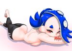  1girl all_fours ass back bear_position black_pants blue_hair breast_press breasts butt_crack cephalopod_eyes colored_extremities commentary_request crossed_legs head_rest highres koharu2.5 long_hair looking_at_viewer median_furrow narrow_waist nude octoling pants pink_pupils red_eyes shiver_(deep_cut_outfit)_(splatoon) shiver_(splatoon) shoulder_blades simple_background small_breasts solo splatoon_(series) splatoon_3 suction_cups tentacle_hair topless_female white_background wide_hips 