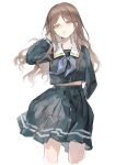  1girl absurdres arm_behind_back bang_dream! bang_dream!_it's_mygo!!!!! black_shirt black_skirt blue_eyes brown_hair cowboy_shot grey_neckerchief hand_up highres long_hair long_sleeves looking_at_viewer miniskirt nagasaki_soyo neckerchief parted_lips pleated_skirt sailor_collar school_uniform serafuku shirt sidelocks simple_background skirt solo standing tsukinomori_school_uniform white_background white_sailor_collar winter_uniform xiangchizhubijin 