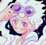  1boy black_background chromatic_aberration chunafishy commentary curly_eyebrows english_commentary eyewear_lift gear_fifth grin highres male_focus monkey_d._luffy one_piece portrait ringed_eyes scar scar_on_cheek scar_on_face shirt short_hair smile solo sparkle twitter_username white_hair white_shirt 