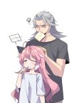 1boy 1girl aalto_(wuthering_waves) black_skirt bread bread_slice brushing_teeth commentary_request encore_(wuthering_waves) food food_in_mouth highres holding holding_phone korean_commentary long_hair mouth_hold phone pink_hair pink_pupils shirt simple_background skirt solpluswuwa tacet_mark_(wuthering_waves) toast toast_in_mouth very_long_hair white_background white_hair white_shirt wuthering_waves yellow_eyes 