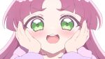  2girls :d absurdres akechi_anna blush commentary green_eyes hands_on_another's_cheeks hands_on_another's_face highres kobayashi_mikuru long_hair long_sleeves looking_at_viewer meitantei_precure! multiple_girls open_mouth parted_bangs portrait pov precure purple_hair simple_background smile solo_focus sweatdrop thick_eyebrows tyomimas white_background 