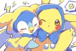  arm_up blush_stickers brown_eyes chip_ple closed_eyes commentary heart highres hug kigurumi lightning_bolt_symbol no_humans one_eye_closed open_mouth pikachu piplup pokemon pokemon_(creature) speech_bubble untranslatable_commentary v white_background 