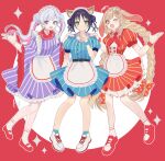  3girls animal_ears apron blonde_hair blue_dress blue_eyes blue_socks braid brown_eyes brown_hair cho_kaguya-hime! colored_inner_hair commentary dress fox_ears fox_girl fox_tail green_eyes hand_on_another's_shoulder highres index_finger_raised japanese_clothes kaguya_(cho_kaguya-hime!) long_hair maid multicolored_hair multiple_girls nail_polish open_mouth pink_hair purple_eyes rabbit_ears rabbit_girl red_dress red_nails red_shoes red_wrist_cuffs runami_yachiyo sakayori_iroha shoes socks striped_clothes striped_dress tail twin_braids twintails untranslatable_commentary urtk07 very_long_hair wa_maid white_apron white_hair white_shoes white_socks wrist_cuffs 