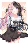  1girl arms_behind_back black_bow black_bowtie black_hair black_skirt blue_eyes bow bowtie braid breasts center_frills commentary cowboy_shot feet_out_of_frame frilled_shirt_collar frilled_skirt frills grin highres leaning_forward long_hair long_sleeves looking_at_viewer medium_breasts miniskirt multicolored_hair namonaki_yamada pink_hair rabbit_background shirt side_braids skirt smile solo split-color_hair suspender_skirt suspenders tachibana_hinano tachibana_hinano_(1st_costume) two-tone_hair two_side_up virtual_youtuber vspo! white_shirt 