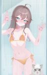  1girl absurdres against_glass ahoge aqua_eyes ass_visible_through_thighs bathroom bikini blush breast_press breasts brown_hair cat commentary double-parted_bangs felixkohai grin hair_between_eyes halterneck hands_up heart heart_in_eye highres hololive indoors long_hair looking_at_viewer natsuiro_matsuri navel side-tie_bikini_bottom sidelocks small_breasts smile solo standing stomach swimsuit symbol_in_eye virtual_youtuber yellow_bikini 