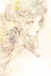  1girl 7na5go commentary_request earrings flower frills hair_flower hair_ornament highres jewelry lineart lips long_hair looking_to_the_side original painting_(medium) parted_bangs solo traditional_media upper_body warm_colors watercolor_(medium) wavy_hair 