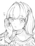  1girl blush cardigan collared_shirt commentary cross-laced_clothes cross-laced_top even_though_you_lost_your_virginity_to_me_(meme) frilled_shirt_collar frills greyscale hair_ribbon heart highres hino_(hinonoq) hinoshita_kaho hinoshita_kaho_(birthday_jirai_kei) looking_at_viewer love_live! love_live!_hasu_no_sora_jogakuin_school_idol_club medium_hair meme monochrome notice_lines open_mouth ribbon shirt simple_background solo twintails virtual_youtuber white_background 