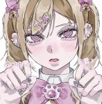  1girl aegyo_sal bell blonde_hair blush bow caru_c1 commentary ear_piercing eyebrow_piercing face_piercing fingernails hair_between_eyes hair_bow hair_ornament hairclip highres jingle_bell lona looking_at_viewer nail_art open_mouth original parted_bangs paw_pose piercing pink_bow pink_eyes pink_nails polka_dot polka_dot_bow portrait sharp_fingernails simple_background solo twintails twitter_username untranslatable_commentary white_background 