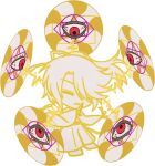  1girl barefoot closed_eyes commentary_request electricity eyeball full_body hair_between_eyes japanese_clothes kimono long_sleeves mirei_(miirei) pants parted_lips short_hair simple_background solo standing touhou touhou_(pc-98) transparent_background wide_sleeves yuugenmagan 