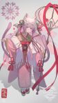  1girl absurdres animal_ears animal_hat bell blunt_bangs cat_ears cat_tail cherry_blossoms commentary_request floral_print full_body hair_bell hair_ornament hat hemorina highres holding japanese_clothes jingle_bell kimono lantern long_hair long_sleeves looking_at_viewer multiple_tails obi oni original pink_eyes pink_kimono purple_hair red_ribbon ribbon sandals sash socks solo staff tabi tail tassel two_tails very_long_hair white_background white_socks wide_sleeves 