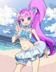  1girl bangs beach bikini blush ceros frilled_bikini frills hair_ornament high_ponytail highres idol_land_pripara long_hair looking_at_viewer manaka_non ocean open_mouth outdoors pretty_(series) pripara purple_hair scrunchie side_ponytail sky smile solo swimsuit v very_long_hair 