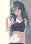  1girl absurdres black_tank_top breasts closed_mouth collarbone commentary_request crop_top gakuen_idolmaster green_eyes green_hair hair_between_eyes hair_flaps highres idolmaster long_hair looking_at_viewer medium_breasts midriff navel pandoa_(mikage0495) solo tank_top tsukimura_temari upper_body 