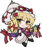  1girl black_eyes black_shoes blonde_hair blush bow chibi chibi_only closed_mouth dress full_body gap_(touhou) hair_bow hand_fan hat hat_ribbon holding holding_fan holding_umbrella long_hair long_sleeves looking_at_viewer mirei_(miirei) mob_cap multicolored_eyes parasol purple_tabard red_bow red_ribbon ribbon shoes simple_background smile socks solo tabard touhou transparent_background two-tone_eyes umbrella white_dress white_hat white_socks white_umbrella wide_sleeves yakumo_yukari yellow_eyes 