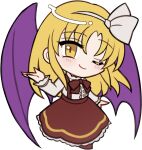  1girl ;) blonde_hair blush bow bow_hairband bowtie brown_bow brown_bowtie brown_shoes brown_skirt buttons chibi chibi_only closed_mouth frilled_skirt frills full_body hairband hand_up kurumi_(touhou) long_hair long_skirt long_sleeves looking_at_viewer mirei_(miirei) one_eye_closed parted_bangs purple_wings shirt shoes simple_background skirt smile solo standing suspender_skirt suspenders touhou touhou_(pc-98) transparent_background white_hairband white_shirt wings yellow_eyes 