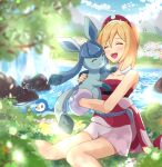  1girl :d bangs beautifly blonde_hair blurry blush budew cloud collar collarbone commentary_request day glaceon grass happy haru_(haruxxe) highres holding holding_pokemon irida_(pokemon) lens_flare open_mouth outdoors piplup pokemon pokemon_(creature) pokemon_(game) pokemon_legends:_arceus red_shirt rock sash shirt shorts sitting sky smile strapless strapless_shirt teeth tongue upper_teeth water waterfall white_shorts 