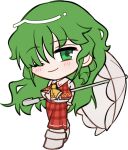 1girl ;) ascot blush chibi chibi_only closed_mouth collared_shirt full_body green_eyes green_hair hair_between_eyes holding holding_umbrella kazami_yuuka kazami_yuuka_(pc-98) long_hair long_sleeves looking_at_viewer mirei_(miirei) one_eye_closed open_clothes open_vest pants parasol plaid_clothes plaid_pants plaid_vest red_pants red_vest shirt shoes simple_background smile solo standing touhou touhou_(pc-98) transparent_background umbrella vest white_shirt white_shoes white_umbrella yellow_ascot 
