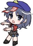  1girl black_shoes black_skirt blue_hair blue_hat blush chibi chibi_only full_body grey_eyes hat hat_ornament jiangshi looking_at_viewer mirei_(miirei) miyako_yoshika ofuda ofuda_on_head open_mouth outstretched_arms red_shirt shirt shoes short_hair short_sleeves simple_background skirt solo standing star_(symbol) star_hat_ornament touhou transparent_background zombie_pose 