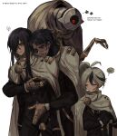  1girl 3boys ahoge annoyed bilingual_text black_hair black_suit blush cape closed_eyes closed_mouth english_text esther_(project_moon) gloria_(project_moon) highres hubert_(project_moon) hubestjoa hug hug_from_behind joints korean_text library_of_ruina male_focus mixed-language_text multicolored_hair multiple_boys one-eyed project_moon red_eyes robot_girl robot_joints scar scar_across_eye scar_on_face side_ponytail simple_background standing streaked_hair suit translation_request trap two-tone_hair white_background white_cape yan_vismok yaoi 