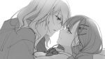  2girls bang_dream! bang_dream!_it's_mygo!!!!! braid closed_mouth commentary_request eye_contact greyscale hair_ornament hairclip highres long_hair looking_at_another medium_hair misumi_uika monochrome multiple_girls nail_polish one_eye_covered parted_lips protected_link rhapsode simple_background togawa_sakiko white_background yuri 