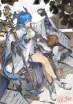  1girl adpong arknights artist_name bandaged_arm bandages black_socks blue_hair blue_horns blurry blurry_foreground bow breasts calligraphy coat colored_extremities commentary_request cup dragon_girl dragon_horns dragon_tail earrings eastern_dragon_horns eastern_dragon_tail gourd highres holding holding_cup horns jewelry ling_(arknights) long_hair open_clothes open_coat pointy_ears purple_eyes scroll signature socks solo staff tail very_long_hair white_bow white_coat 