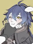  ... 2boys absurdres antenna_hair black_capelet black_gloves blue_hair capelet cheek_pinching commentary_request crossed_bangs fingerless_gloves flins_(genshin_impact) genshin_impact gloves gosushi0 highres long_hair male_focus multiple_boys one_eye_closed out_of_frame pinching simple_background speech_bubble spoken_ellipsis translation_request varka_(genshin_impact) watermark yellow_background yellow_eyes 