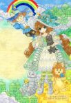  1girl animal blue_eyes cloud commentary_request copyright_name cowardly_lion dog dorothy_gale flower gloves goggles goggles_on_headwear hat highres hisakata_(hisa_nn) holding holding_animal holding_dog holding_flower lion long_hair looking_at_viewer open_mouth pantyhose rainbow scarecrow scarecrow_(the_wizard_of_oz) striped_clothes striped_pantyhose terrier_(dog) the_wizard_of_oz tin_man_(the_wizard_of_oz) toto_(the_wizard_of_oz) very_long_hair white_gloves witch_hat yellow_brick_road 