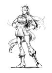  1girl absurdres animal_ears armband blunt_bangs boots bow bowtie breasts closed_mouth commentary_request dress ear_bow full_body gloves gold_ship_(red_strife)_(umamusume) gold_ship_(umamusume) greyscale hands_on_own_hips hat highres horse_ears horse_girl horse_tail large_breasts long_hair looking_at_viewer monochrome ohayonabeno pantyhose pillbox_hat simple_background sleeveless sleeveless_dress solo striped_armband striped_clothes tail umamusume white_background 