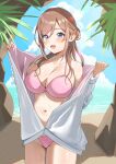 1girl absurdres beach bikini bikini_under_clothes blue_eyes blush breasts brown_hair cleavage cloud collarbone commentary_request cumulonimbus_cloud gakuen_idolmaster groin hair_between_eyes highres himesaki_rinami idolmaster jacket kimi_to_semi_blue_(idolmaster) kissaten0202 large_breasts long_hair looking_at_viewer navel ocean open_mouth outdoors pink_bikini sand smile solo stomach swimsuit thighs water white_jacket 