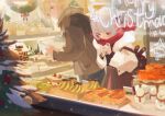  1boy 1girl absurdres alamp bag bakery blonde_hair brown_hair brown_jacket chinese_commentary christmas_tree commentary_request green_eyes highres indoors jacket makaino_ririmu nijisanji red_eyes scarf shop shoulder_bag uzuki_kou virtual_youtuber white_jacket window 