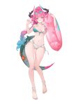  1girl 2bmm2 absurdres aqua_hair aqua_streaks arknights arknights:_endfield bikini blue_eyes breasts cleavage dragon_girl dragon_horns dragon_tail drill_hair eyewear_on_head feet fingernails front-tie_bikini_top front-tie_top full_body gradient_hair green_bikini hair_intakes hair_on_horn heart heart-shaped_eyewear high_ponytail highres holding holding_swim_ring horns large_breasts legs lifebuoy long_hair looking_at_viewer multicolored_bikini multicolored_hair multicolored_horns nail_polish navel pink_hair pink_horns pink_nails pointy_ears ponytail sandals side-tie_bikini_bottom simple_background single_drill smile solo standing streaked_hair swim_ring swimsuit tail tinted_eyewear toenail_polish toenails toes twin_drills two-tone_bikini white_background white_bikini yvonne_(arknights) 