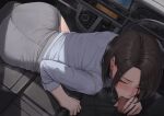  1boy 1girl ano_(gccx8784) ass black_hair black_pants blush car_interior car_seat censored closed_eyes commentary_request dutch_angle fellatio grey_shirt hetero highres long_sleeves male_pubic_hair mosaic_censoring office_lady open_fly oral original paid_reward_available pants pencil_skirt penis penis_out pov pubic_hair shadow shirt shirt_tucked_in short_hair skirt steering_wheel uneven_bangs white_shirt 