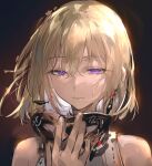  1girl bang_dream! bang_dream!_it's_mygo!!!!! bare_shoulders black_background blonde_hair closed_mouth doloris_(bang_dream!) earrings hair_between_eyes hand_up highres holding holding_mask jewelry looking_at_viewer mask masquerade_mask medium_hair misumi_uika purple_eyes short_hair solo upper_body xiangchizhubijin 