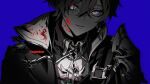  1boy armor blood blood_on_clothes blue_eyes commentary_request crossed_bangs genshin_impact hair_between_eyes lohen_(genshin_impact) looking_at_viewer male_focus parted_lips partially_colored pauldrons red_pupils sakon04 short_hair shoulder_armor single_pauldron smile solo teeth twitter_username upper_body 