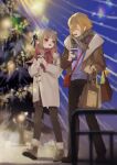  1boy 1girl absurdres alamp alternate_costume bag blonde_hair blurry brown_hair christmas_tree coat commentary_request cup depth_of_field disposable_coffee_cup disposable_cup full_body hair_ribbon highres holding holding_bag jacket long_hair makaino_ririmu nijisanji pointy_ears ribbon scarf short_hair shoulder_bag smile uzuki_kou virtual_youtuber walking winter_clothes 