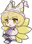  1girl blonde_hair blue_tabard blush chibi chibi_only dress fox_girl fox_tail full_body hands_in_opposite_sleeves hat kitsune long_sleeves mirei_(miirei) mob_cap no_shoes open_mouth short_hair simple_background socks solo standing tabard tail touhou transparent_background white_dress white_hat white_socks yakumo_ran yellow_eyes 