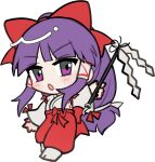  1girl barefoot blunt_bangs blush bow chibi chibi_only full_body gohei hair_bow hair_tubes hakama hakama_pants hakurei_reimu hakurei_reimu_(pc-98) holding holding_gohei japanese_clothes kimono long_hair long_sleeves looking_at_viewer mirei_(miirei) open_mouth pants purple_eyes purple_hair red_bow red_hakama simple_background solo standing touhou touhou_(pc-98) transparent_background white_kimono wide_sleeves 
