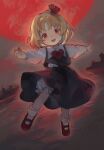  black_skirt black_vest blonde_hair collared_shirt female_child highres kozumi_(tokuni_naitteba) long_sleeves mary_janes moon outstretched_arms red_eyes red_footwear red_moon rumia shirt shoes skirt skirt_set socks spread_arms touhou vest white_shirt white_socks 