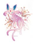  animal_focus artist_name blue_eyes english_commentary espeon flower forehead_jewel full_body hawberries no_humans painting_(medium) pokemon pokemon_(creature) pokemon_focus simple_background solo traditional_media white_background white_flower 